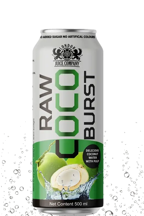 RAW Coco Burst 500ml can – refreshing coconut water with pulp by London Juice Company.